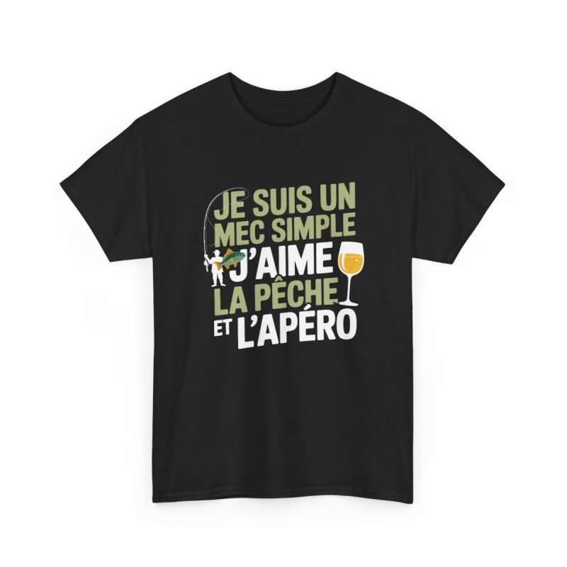 Tee Shirt Je suis un mec simple – J’aime la pêche et l’apéro – T-Shirt Unisexe Humour Pêcheur Apéro Noir S-3XL