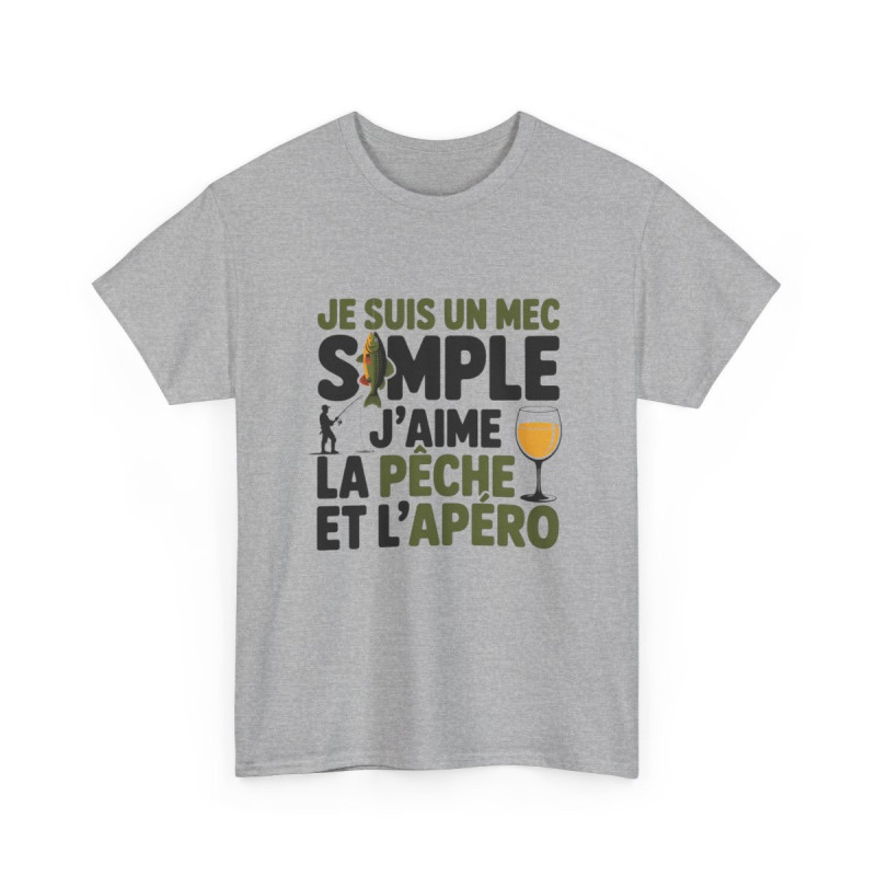 Tee Shirt Je suis un mec simple – J’aime la pêche et l’apéro – T-Shirt Unisexe Humour Pêcheur Apéro Blanc ou Sport Grey S-3XL