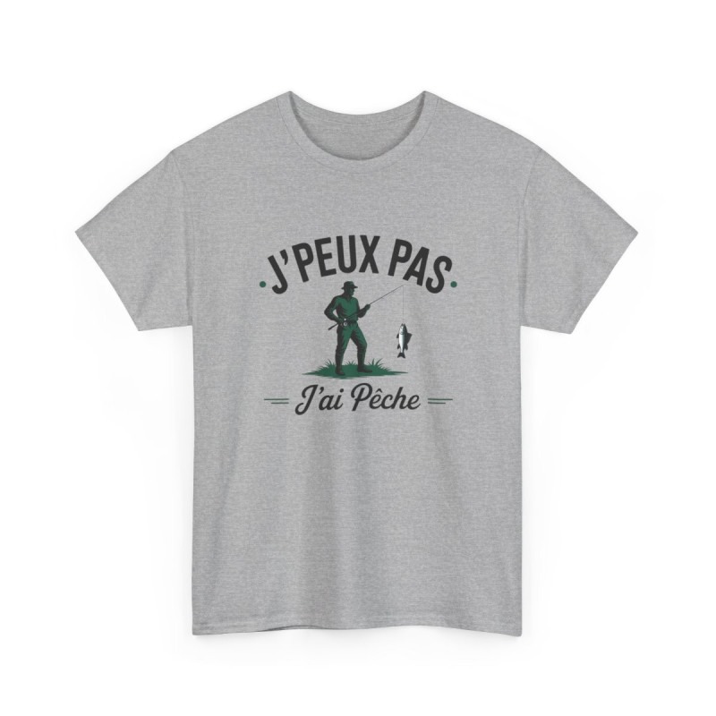 T-shirt Homme “J’Peux Pas J’ai Pêche” – Tee Shirt Humour Pêcheur Blanc Gris Sport – Idée Cadeau