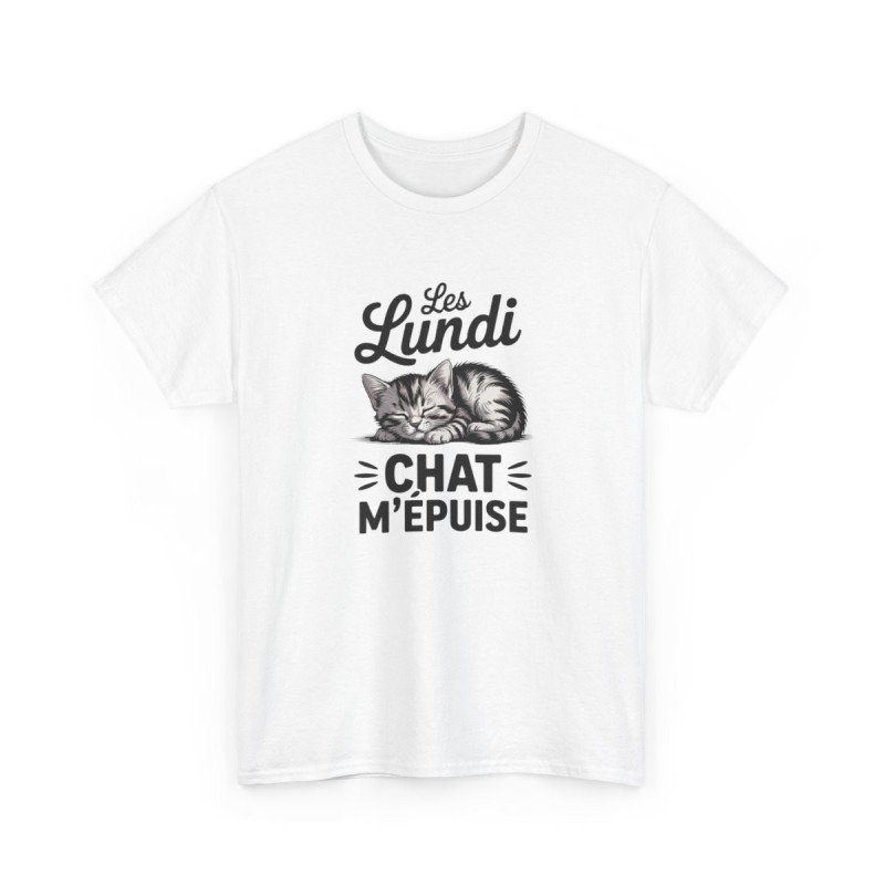 T-shirt Drôle “Les Lundi Chat M’Épuise” – Tee Shirt Humour Chat Fatigué Blanc Gris – Idée Cadeau