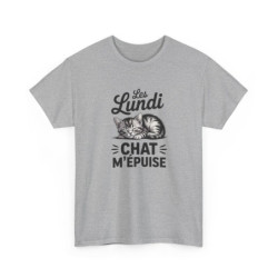 T-shirt Drôle “Les Lundi Chat M’Épuise” – Tee Shirt Humour Chat Fatigué Blanc Gris – Idée Cadeau