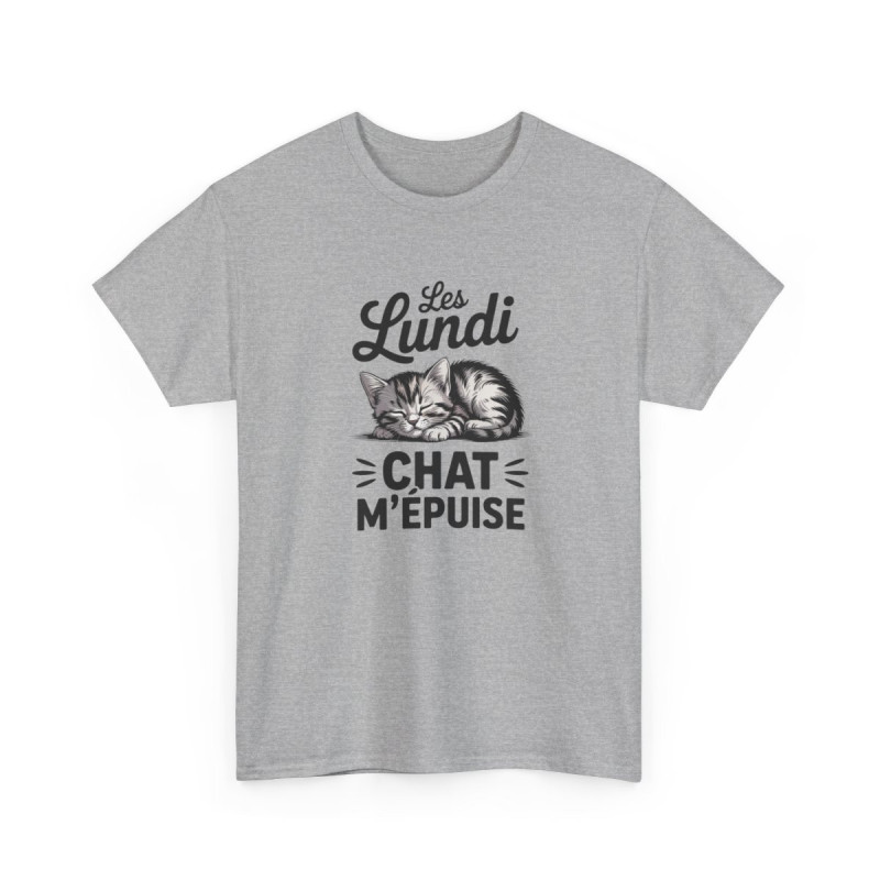 T-shirt Drôle “Les Lundi Chat M’Épuise” – Tee Shirt Humour Chat Fatigué Blanc Gris – Idée Cadeau