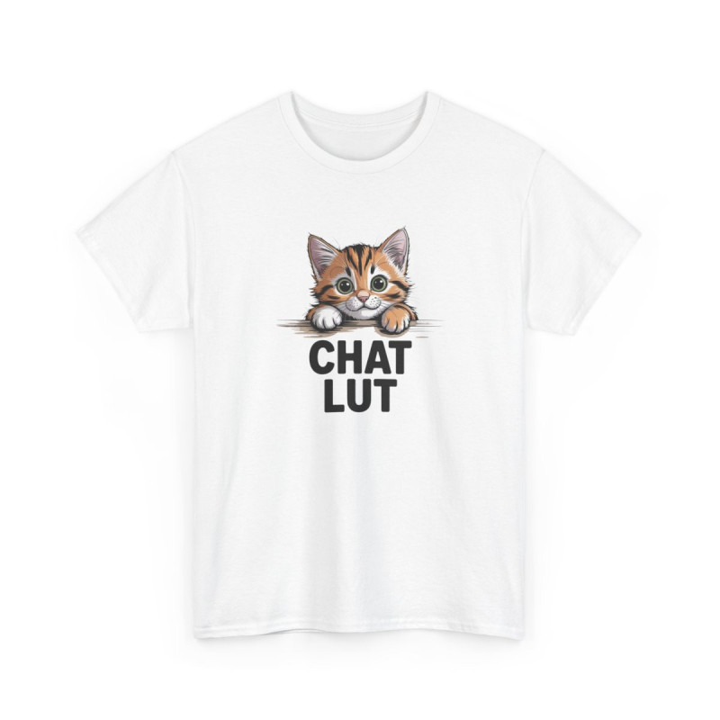 T-shirt Drôle “Chat Lut” – Tee Shirt Humour Chat Mignon Blanc Gris – Idée Cadeau Amoureux des Chats