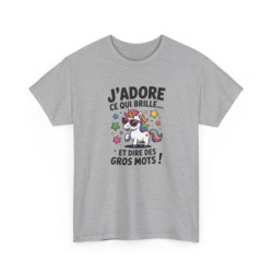 T-shirt Drôle “J’adore ce qui brille et dire des gros mots !” – Tee Shirt Humour Licorne Arc-en-Ciel