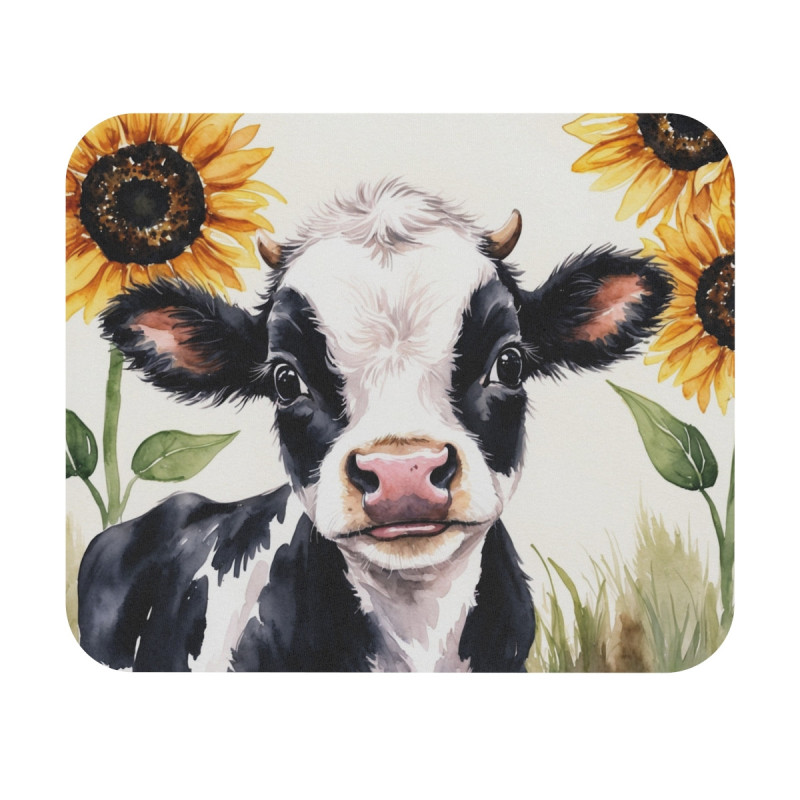 Tapis de souris 22x18 cm – Vache Noire et Blanche avec Tournesols – Design Aquarelle Champêtre