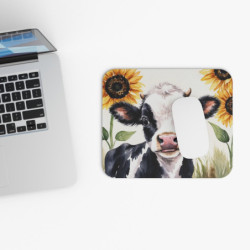 Tapis de souris 22x18 cm – Vache Noire et Blanche avec Tournesols – Design Aquarelle Champêtre