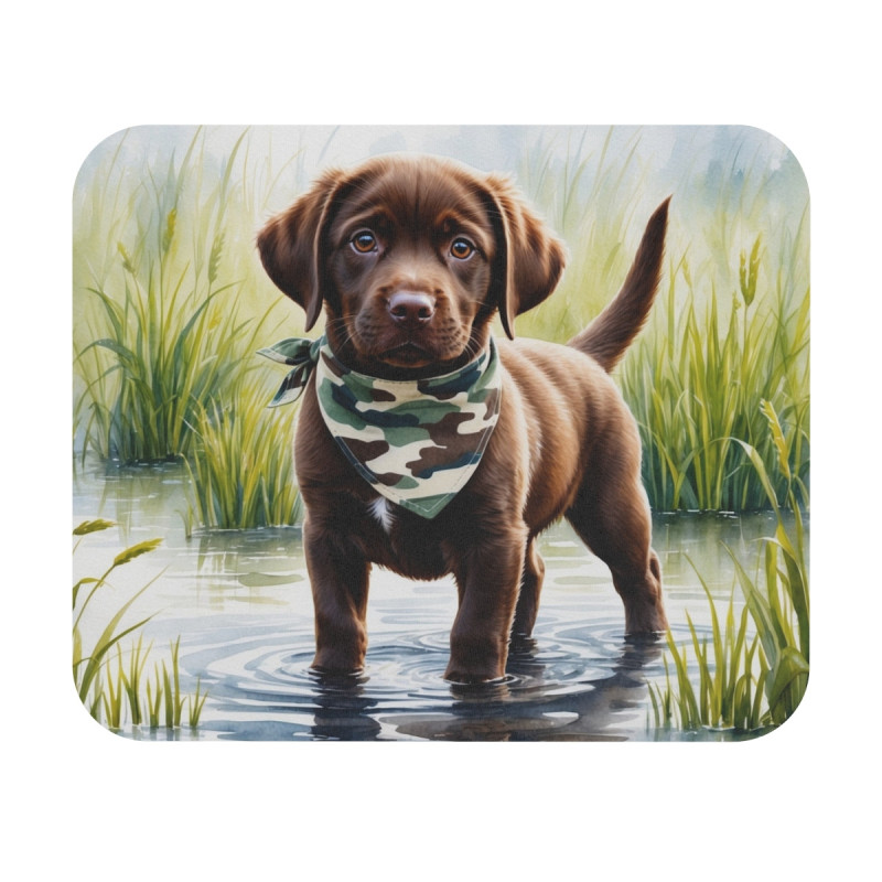Tapis de souris 22x18 cm – Chiot Labrador Chocolat dans les Marais – Foulard Camouflage – Illustration Aquarelle