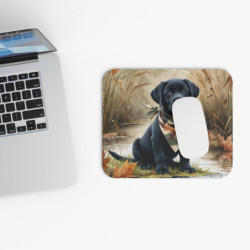 Tapis de souris 22x18 cm – Chiot Labrador Noir Automne – Foulard Camouflage – Illustration Aquarelle – Surface Antidérapante