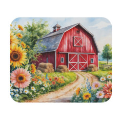 Tapis de souris 22x18 cm – Grange Rouge et Fleurs Champêtres – Illustration Aquarelle – Scène Rurale Été – Base Antidérapante