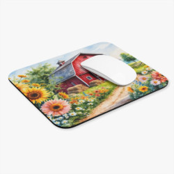 Tapis de souris 22x18 cm – Grange Rouge et Fleurs Champêtres – Illustration Aquarelle – Scène Rurale Été – Base Antidérapante