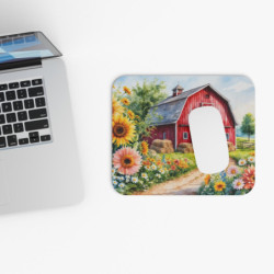 Tapis de souris 22x18 cm – Grange Rouge et Fleurs Champêtres – Illustration Aquarelle – Scène Rurale Été – Base Antidérapante