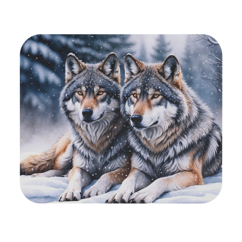 Tapis de souris 22x18 cm – Loups dans la Neige – Aquarelle Hivernale – Duo Sauvage – Forêt Enneigée – Base Antidérapante