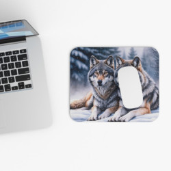 Tapis de souris 22x18 cm – Loups dans la Neige – Aquarelle Hivernale – Duo Sauvage – Forêt Enneigée – Base Antidérapante