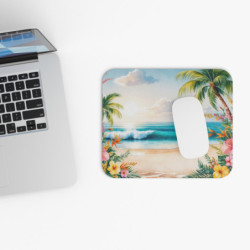 Tapis de souris 22x18 cm – Plage Tropicale – Palmiers & Fleurs Exotiques – Coucher de Soleil Océan – Ambiance Vacances