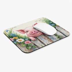Tapis de souris 22x18 cm – Petit Cochon Mignon au Sourire Champêtre – Illustration Aquarelle Colorée avec Fleurs