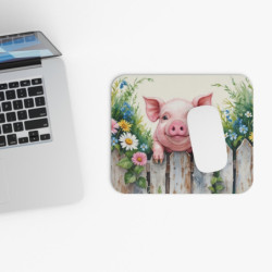 Tapis de souris 22x18 cm – Petit Cochon Mignon au Sourire Champêtre – Illustration Aquarelle Colorée avec Fleurs