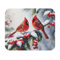 Tapis de souris 22x18 cm – Deux Oiseaux Rouges sur Branche Enneigée – Illustration Aquarelle Hivernale avec Baies