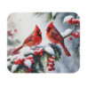Tapis de souris 22x18 cm – Deux Oiseaux Rouges sur Branche Enneigée – Illustration Aquarelle Hivernale avec Baies