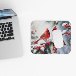 Tapis de souris 22x18 cm – Deux Oiseaux Rouges sur Branche Enneigée – Illustration Aquarelle Hivernale avec Baies
