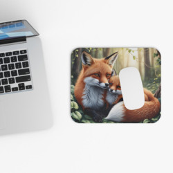 Tapis de souris 22x18 cm – Renard et Petit Renardeau dans la Forêt – Illustration Aquarelle Réaliste Nature & Tendresse