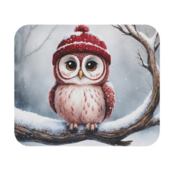 Tapis de souris 22x18 cm – Chouette Hivernale avec Bonnet Rouge – Illustration Aquarelle Mignonne & Neige