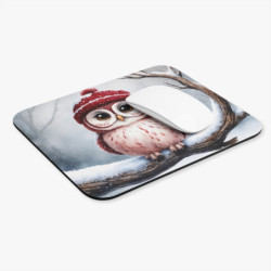 Tapis de souris 22x18 cm – Chouette Hivernale avec Bonnet Rouge – Illustration Aquarelle Mignonne & Neige