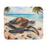 Tapis de souris 22x18 cm – Tortue Marine sur Plage Tropicale – Illustration Aquarelle Réaliste Océan & Coquillages