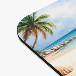 Tapis de souris 22x18 cm – Tortue Marine sur Plage Tropicale – Illustration Aquarelle Réaliste Océan & Coquillages