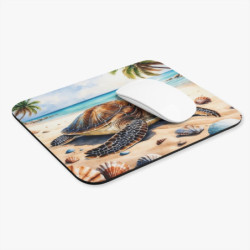 Tapis de souris 22x18 cm – Tortue Marine sur Plage Tropicale – Illustration Aquarelle Réaliste Océan & Coquillages