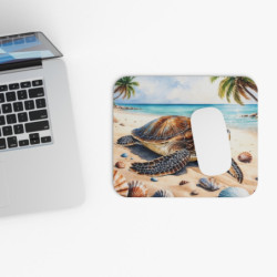 Tapis de souris 22x18 cm – Tortue Marine sur Plage Tropicale – Illustration Aquarelle Réaliste Océan & Coquillages