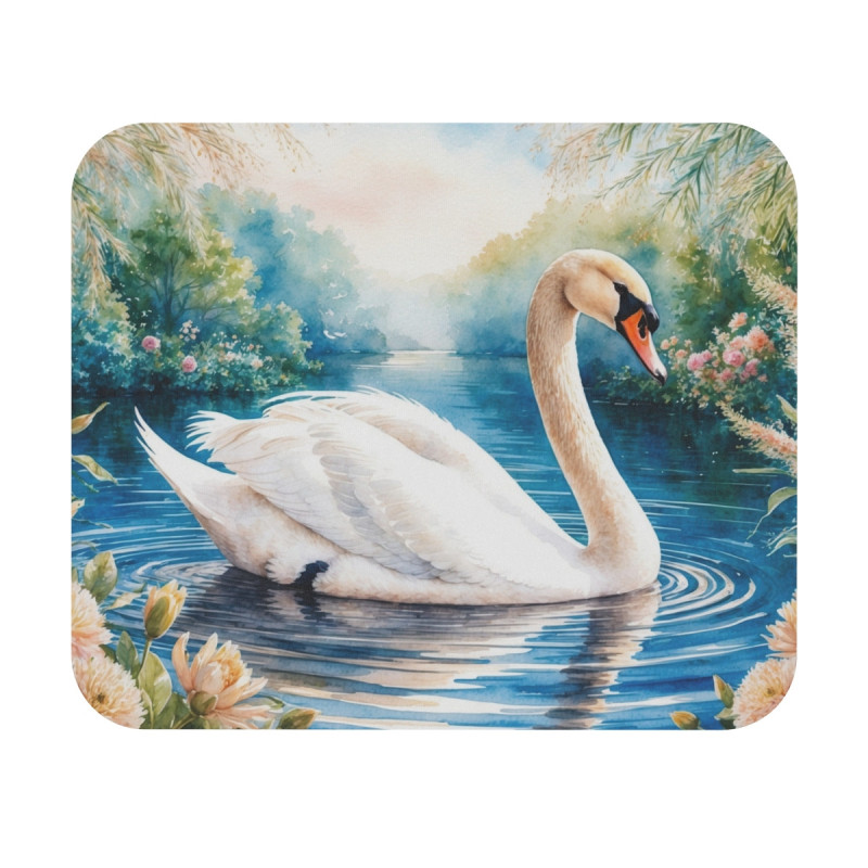 Tapis de souris 22x18 cm – Cygne Élégant sur Lac Paisible – Illustration Aquarelle Romantique Nature & Fleurs