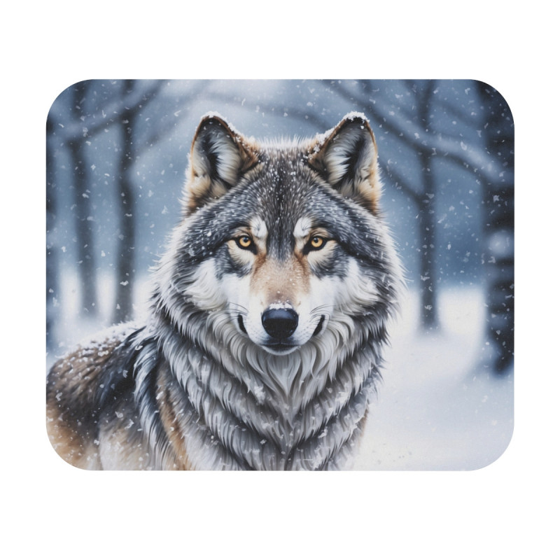 Tapis de souris 22x18 cm – Loup Majestueux dans la Neige – Illustration Aquarelle Réaliste Hivernale –