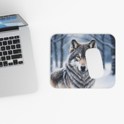 Tapis de souris 22x18 cm – Loup Majestueux dans la Neige – Illustration Aquarelle Réaliste Hivernale –