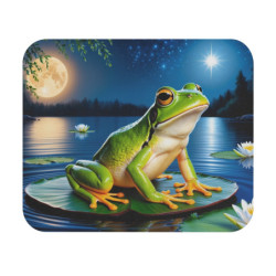 Tapis de souris 22x18 cm – Grenouille Verte sur Nénuphar Nocturne – Illustration Aquarelle Magique Lune & Étoiles