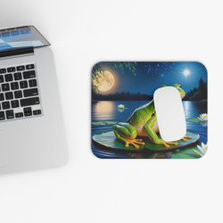 Tapis de souris 22x18 cm – Grenouille Verte sur Nénuphar Nocturne – Illustration Aquarelle Magique Lune & Étoiles