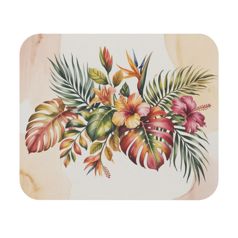 Tapis de souris 22x18 cm – Fleurs Tropicales & Feuilles Exotiques – Illustration Aquarelle Colorée Hibiscus & Monstera –