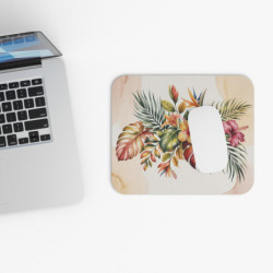 Tapis de souris 22x18 cm – Fleurs Tropicales & Feuilles Exotiques – Illustration Aquarelle Colorée Hibiscus & Monstera –