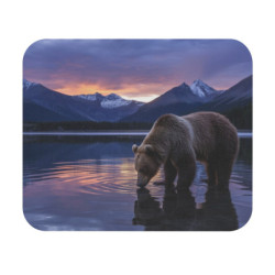 Tapis de souris 22x18 cm – Ours Brun au Bord du Lac – Paysage Montagneux au Coucher du Soleil – Illustration Nature