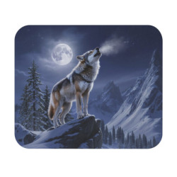 Tapis de souris 22x18 cm – Loup Hurlant sous la Pleine Lune – Paysage Montagneux Hivernal – Illustration Mystique