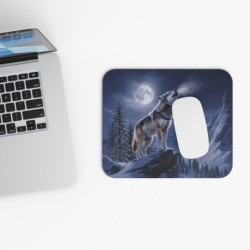 Tapis de souris 22x18 cm – Loup Hurlant sous la Pleine Lune – Paysage Montagneux Hivernal – Illustration Mystique