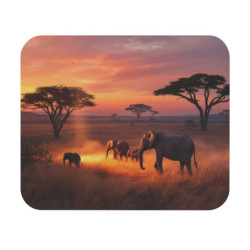 Tapis de souris 22x18 cm – Éléphants dans la Savane au Coucher du Soleil – Scène d’Afrique Majestueuse