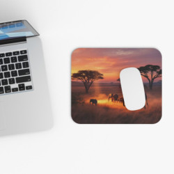 Tapis de souris 22x18 cm – Éléphants dans la Savane au Coucher du Soleil – Scène d’Afrique Majestueuse