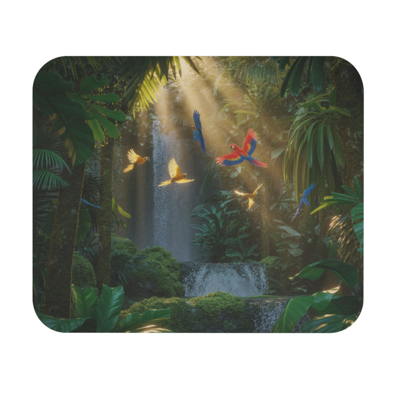 Tapis de souris 22x18 cm – Perroquets de la Jungle & Cascade Tropicale – Couleurs Vives & Nature Luxuriante