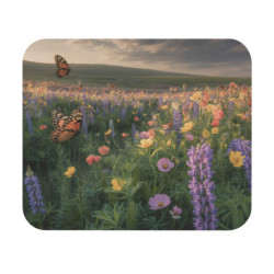 Tapis de souris 22x18 cm – Champ de Fleurs et Papillons – Paysage Printanier Lumineux – Nature