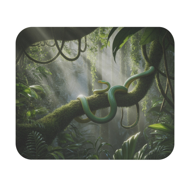 Tapis de souris 22x18 cm – Serpent Vert dans la Jungle Tropicale – Ambiance Sauvage & Lumière Mystique