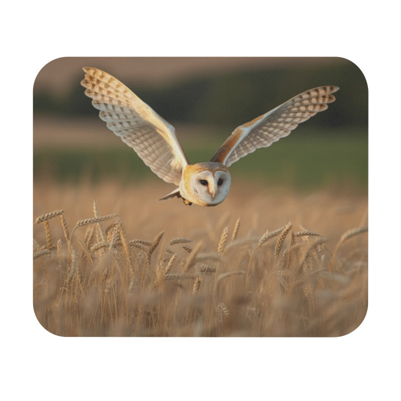 Tapis de souris 22x18 cm – Chouette Effraie en Vol – Champ Doré au Coucher du Soleil – Nature Sauvage & Sérénité