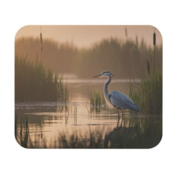 Tapis de souris 22x18 cm – Héron au Lever du Jour – Étang Brumeux & Reflets Dorés – Nature Paisible