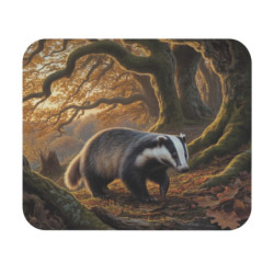 Tapis de souris 22x18 cm – Blaireau en Forêt d’Automne – Feuilles Dorées & Arbres Anciens