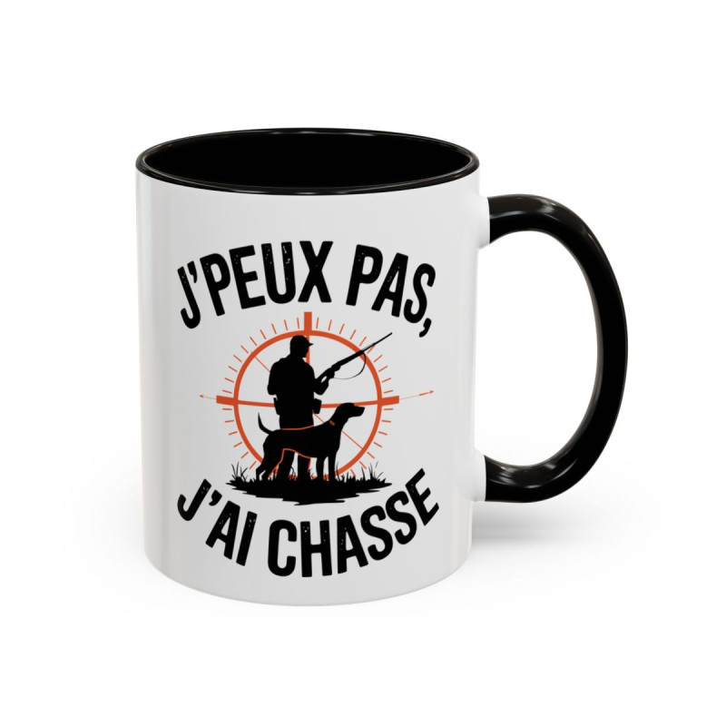 Mug Chasse Humour “J’peux pas j’ai chasse” – Tasse Chasseur avec Chien et Fusil – Cadeau Passion Nature