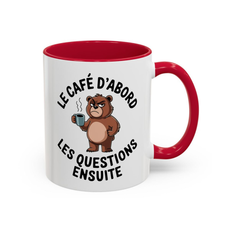 Mug Humour “Le café d’abord les questions ensuite” – Tasse Ours avec Café – Cadeau Drôle Bureau Matin Difficile – 325 ml